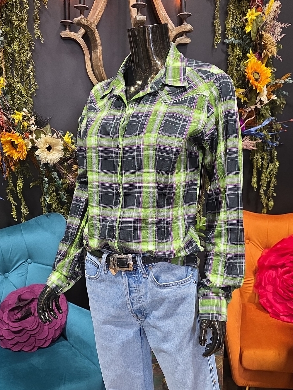 Wrangler Green and Black Plaid Western Button-Down Shirt